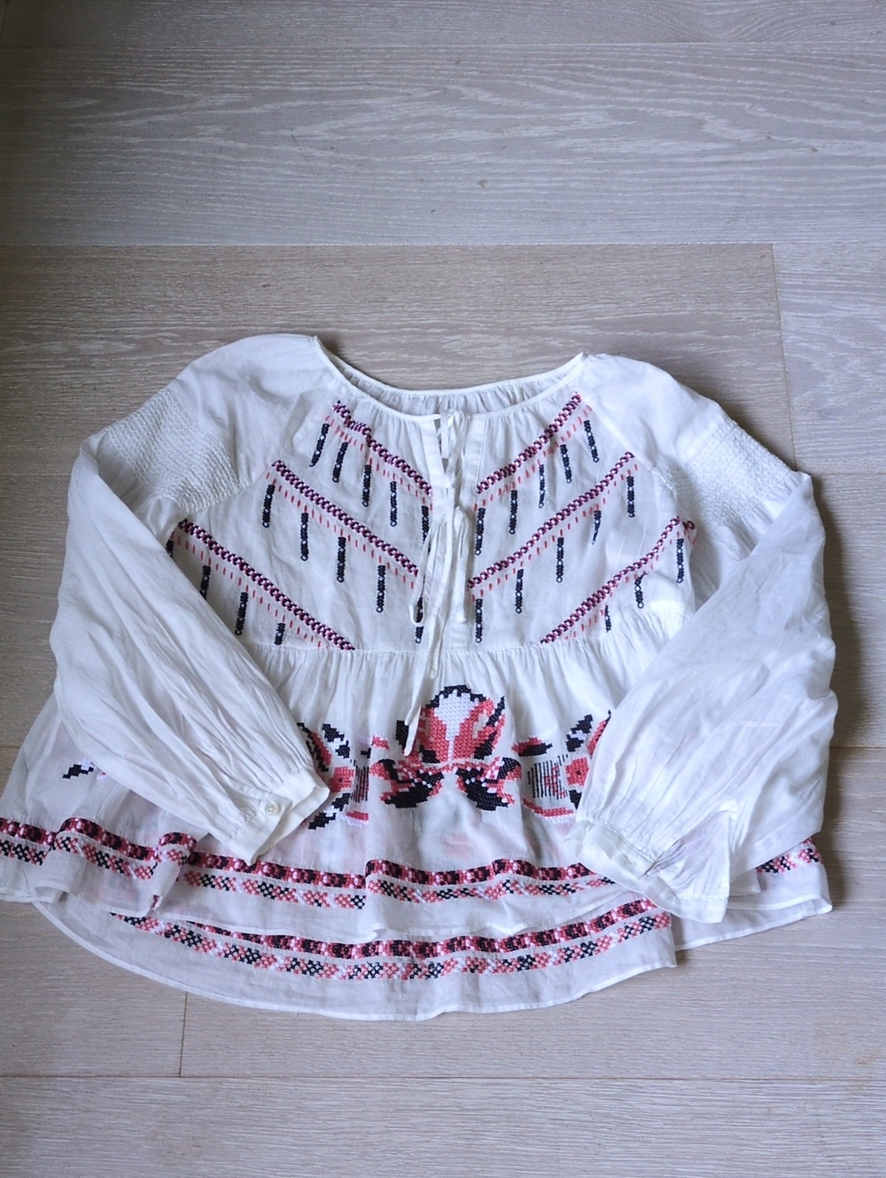 White Embroidered Peasant Top with Pink & Navy Accents
